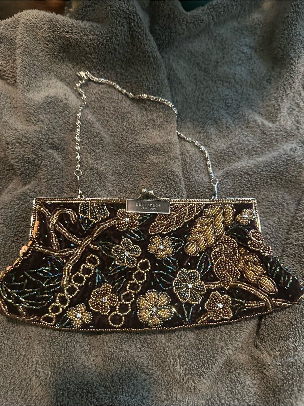 kate spade Black and Gold Beaded Floral Embellished Evening Clutch